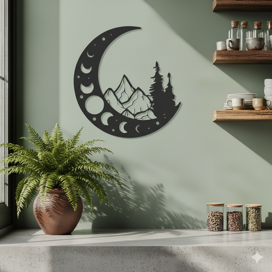 Crescent Moon Mountain Metal Wall Art | Modern Nature-Inspired Wall Hanging Décor for Living Room, Bedroom & Office